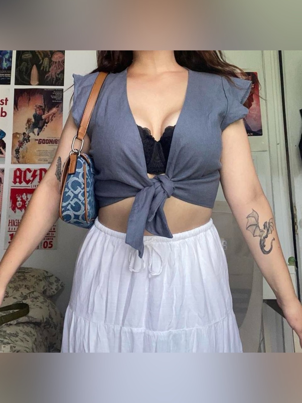 Abercrombie & Fitch Gray Blue Tie-Front Cap Sleeve Crop Top Linen